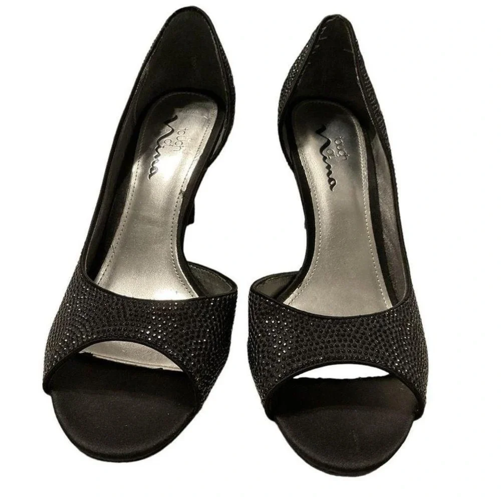 Touch of NINA BLACK SATIN CRYSTAL HEEL EVENING PUMP SIZE 9‎